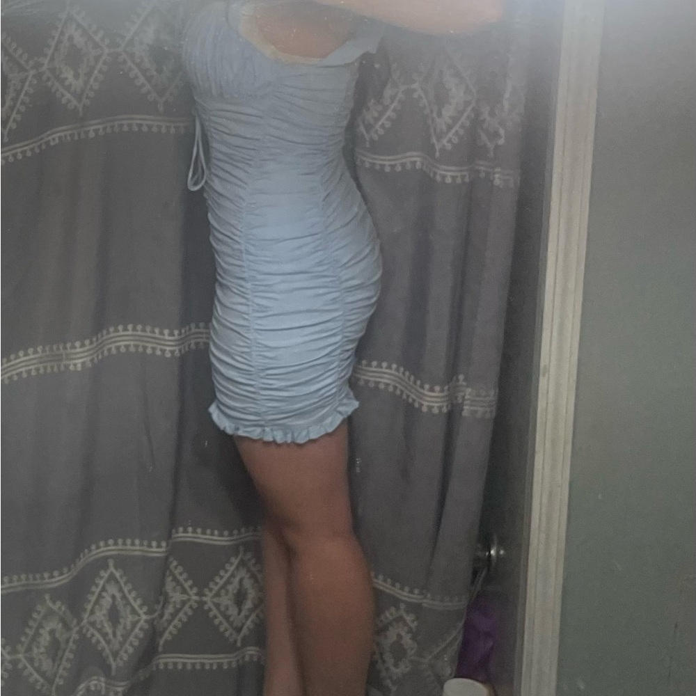 Light Blue Ruched Lace-Up Mini Dress with Ruffle Straps - Picture 5 of 8